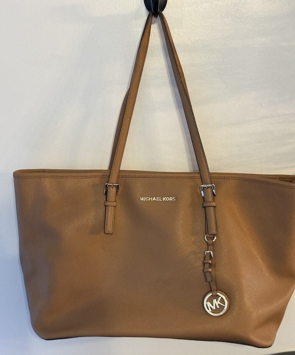 Michael Kors Acorn Jet Set Large Travel Laptop Bag Saffiano Leather Tote Zip